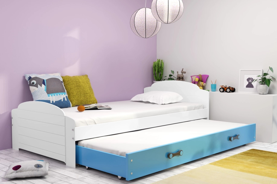 Ausziehbett für Jugendliche Lilly, 90x200, mit Matratze und Schublade, weiß/blau