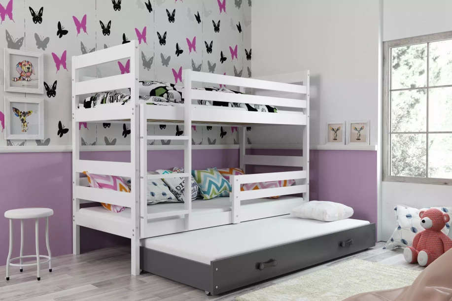 Etagenbett für drei Personen Erik, 90x200, mit Schublade, weiß/grau