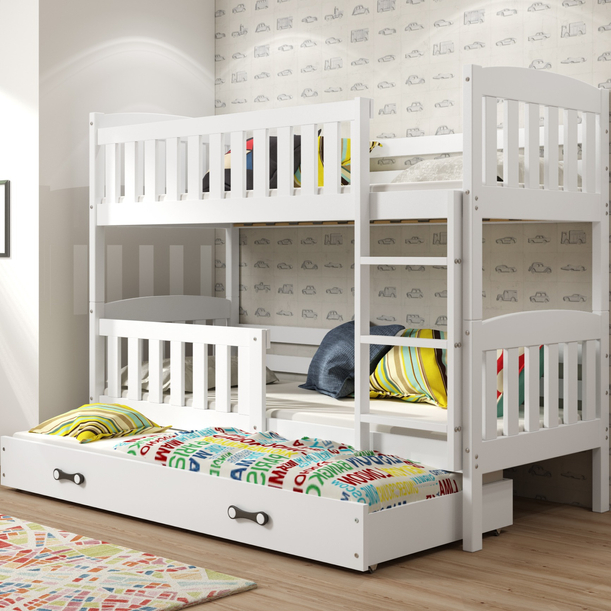 Etagenbett für drei Personen Jakob, 90x200, mit Matratze, Schublade, weiß