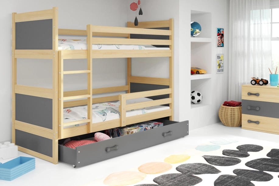 Stockbett für Jugendliche Richard, 90x200, mit Matratze und Schublade, Kiefer/grau