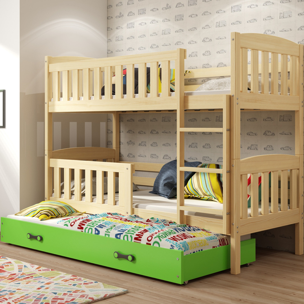 Etagenbett für drei Personen Jakob, 90x200, mit Schublade, Kiefer/grün
