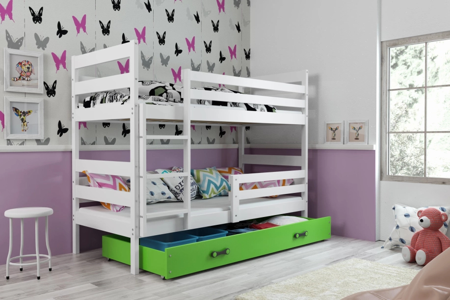 Stockbett für Jugendliche Erik, 90x200, mit Matratze und Schublade, weiß/grün