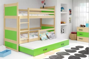 Etagenbett für drei Personen Richard, 90x190, mit Matratze und Schublade, Kiefer/grün