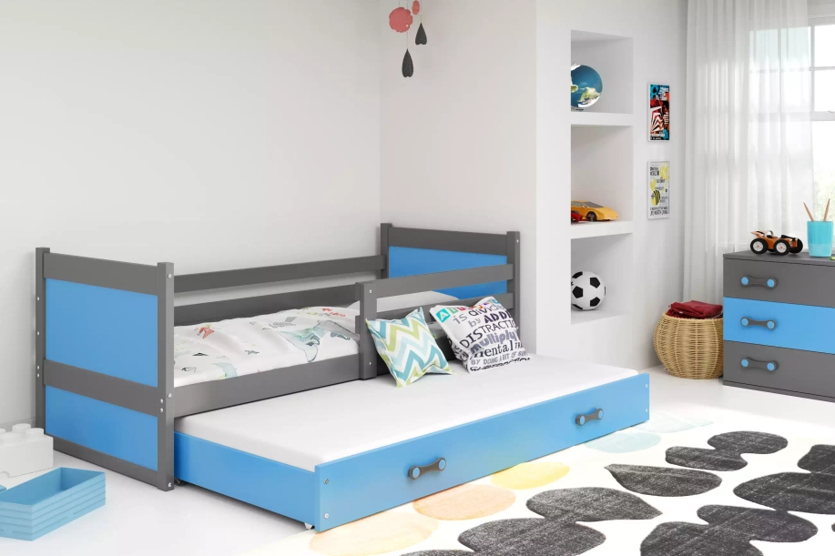 Ausziehbett für Jugendliche Richard, 90x200, mit Schublade, grau/blau