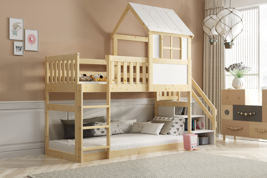 Hochbett-Haus mit Treppe und Dach – Galerie aus Naturholz 90x200