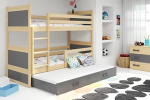 Etagenbett für drei Personen Richard, 90x200, mit Matratze und Schublade, Kiefer/grau