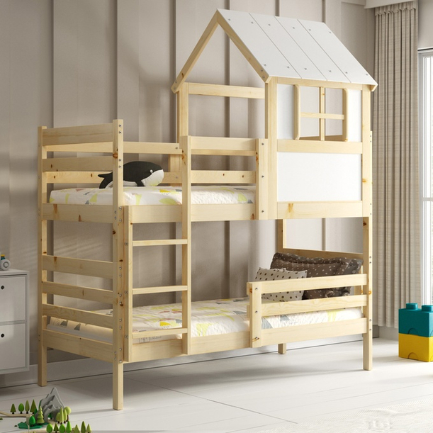 Hochbett in Hausform mit Dach – Erik aus Naturholz 90x190