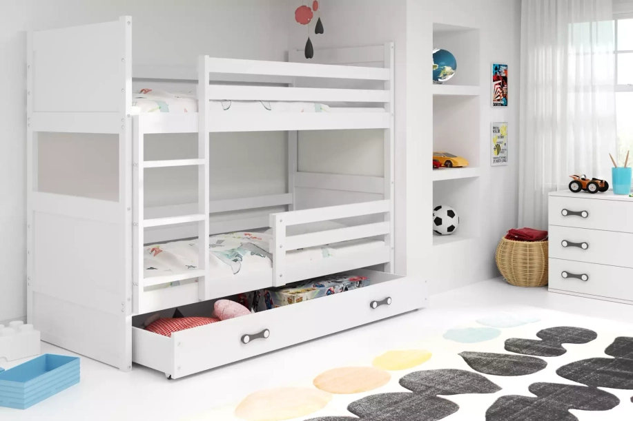 Stockbett für Jugendliche Richard, 90x190, mit Matratze und Schublade, weiß