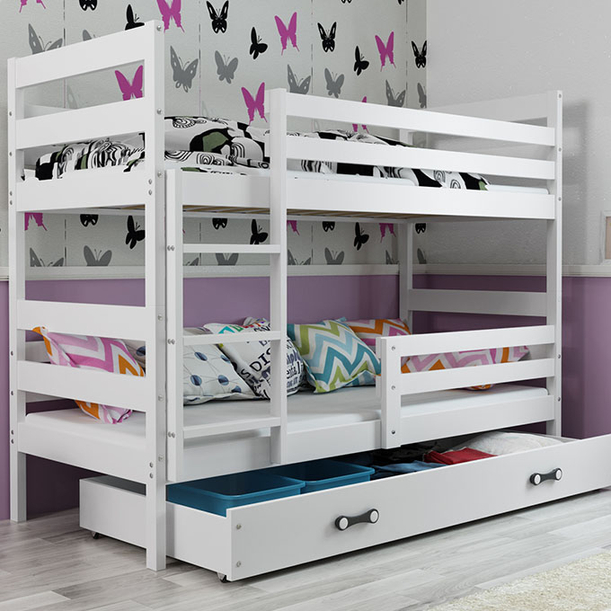 Stockbett für Jugendliche Erik, 90x200, mit Matratze und Schublade, weiß