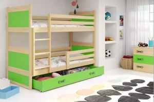 Stockbett für Jugendliche Richard, 90x190, mit Schublade, Kiefer/grün