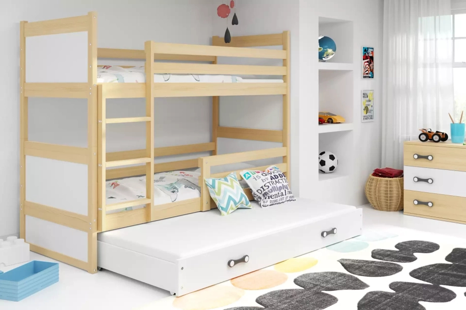 Etagenbett für drei Personen Richard, 90x190, mit Matratze und Schublade, Kiefer/weiß