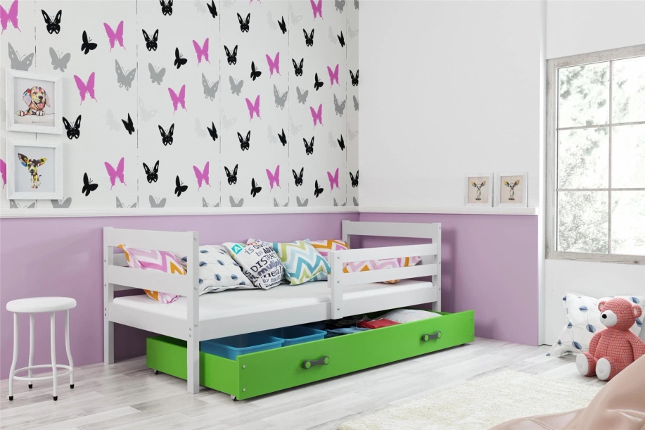 Jugendbett Erik, 90x190, mit Matratze und Schublade, weiß/grün