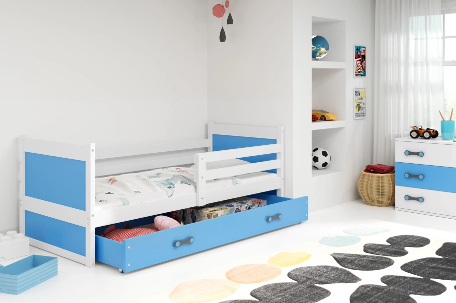 Jugendbett Richard, 80x190, mit Matratze und Schublade, weiß/blau