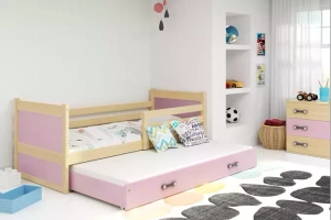 Ausziehbett für Jugendliche Richard, 90x190, mit Matratze und Schublade, Kiefer/rosa