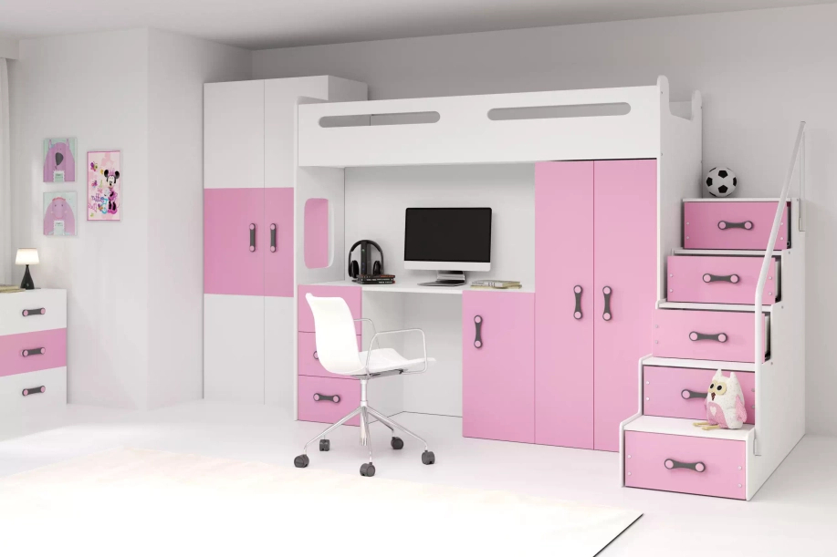 Jugendbett Max 4, 80x200, mit Schreibtisch, rosa