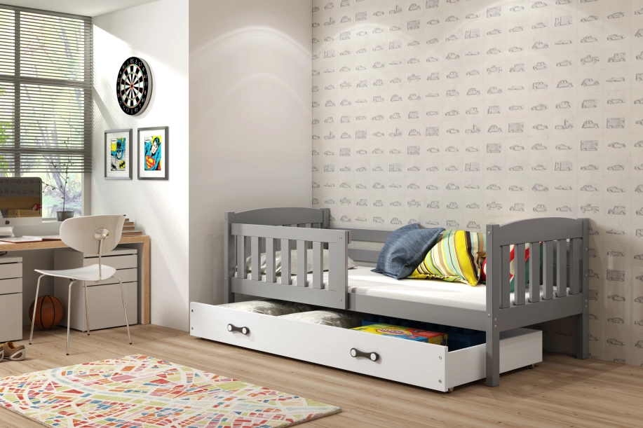 Jugendbett Jakob, 80x190, mit Matratze und Schublade, grau/weiß