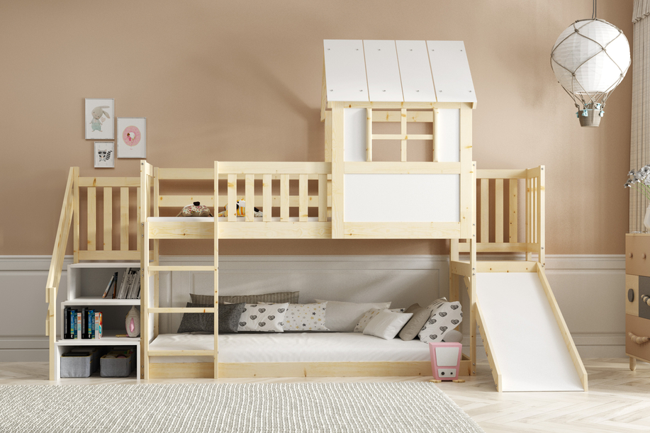Hochbett-Haus mit Rutsche, Dach und Treppe – Galerie aus Naturholz 90x200