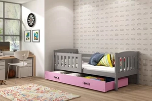 Kinderbett Jakob, 80x160, mit Matratze und Schublade, grau/rosa