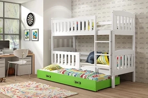 Etagenbett für drei Personen Jakob, 90x200, mit Matratze und Schublade, weiß/grün