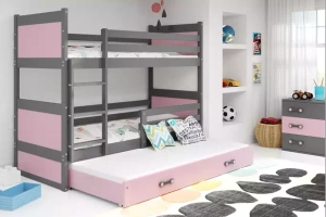 Etagenbett für drei Personen Richard, 90x190, mit Matratze und Schublade, grau/rosa