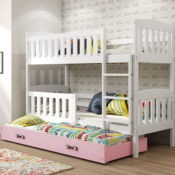 Etagenbett für drei Personen Jakob, 90x190, mit Matratze und Schublade, weiß/rosa