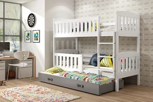 Etagenbett für drei Personen Jakob, 90x190, mit Matratze und Schublade, weiß/grau