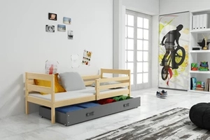 Jugendbett Erik, 90x200, grau mit Matratze und Schublade, Kiefer/grau