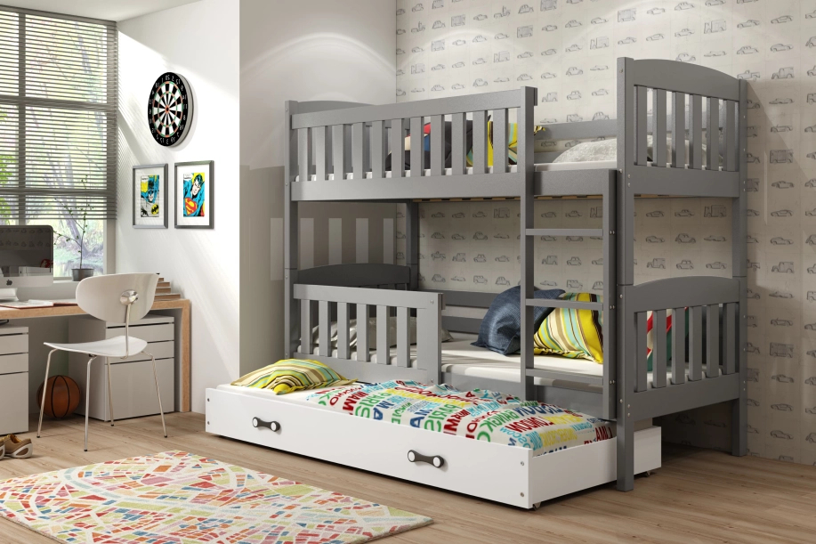 Etagenbett für drei Personen Jakob, 90x190, mit Matratze und Schublade, grau/weiß