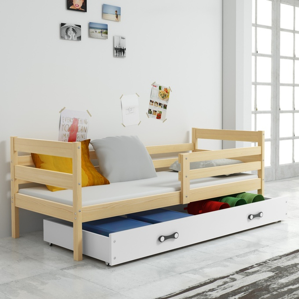 Jugendbett Erik, 90x190, mit Matratze und Schublade, Kiefer/weiß