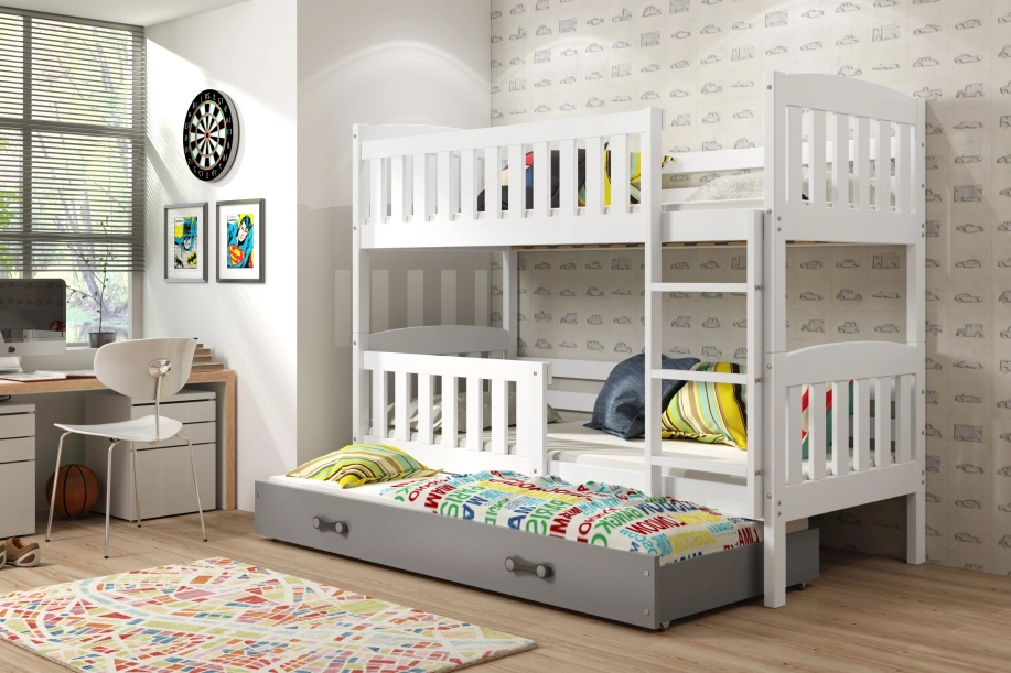 Etagenbett für drei Personen Jakob, 90x190, mit Matratze und Schublade, weiß/grau