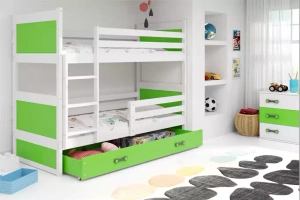 Stockbett für Jugendliche Richard, 90x190, mit Matratze und Schublade, weiß/grün