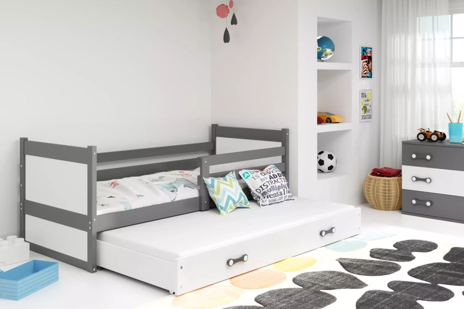 Ausziehbett für Jugendliche Richard, 90x200, mit Schublade, grau/weiß