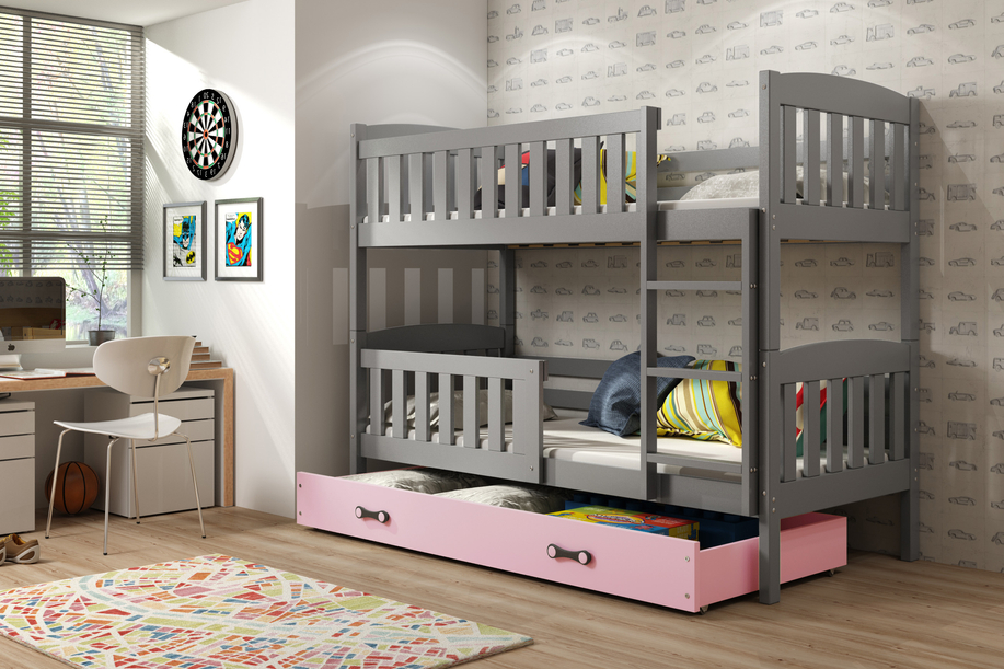 Stockbett für Jugendliche Jakob, 90x200, mit Matratze und Schublade, grau/rosa