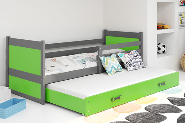 Ausziehbett für Jugendliche Richard, 90x200, mit Matratze und Schublade, grau/grün