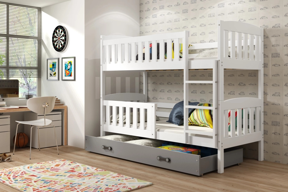 Stockbett für Jugendliche Jakob, 90x190, mit Matratze und Schublade, weiß/grau