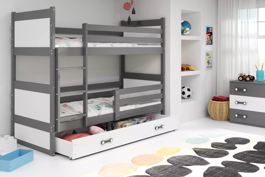 Stockbett für Jugendliche Richard, 90x200, mit Matratze und Schublade, grau/weiß