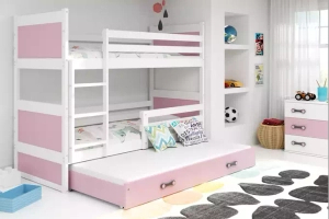 Etagenbett für drei Personen Richard, 90x190, mit Matratze und Schublade, weiß/rosa