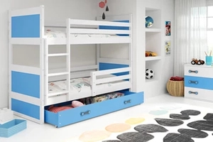 Stockbett für Jugendliche Richard, 90x200, mit Matratze und Schublade, weiß/blau