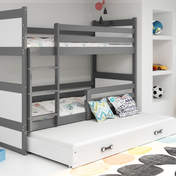 Etagenbett für drei Personen Richard, 90x200, mit Schublade, grau/weiß