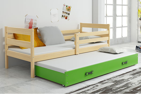 Ausziehbett für Jugendliche Erik, 90x200, mit Schublade, Kiefer/grün