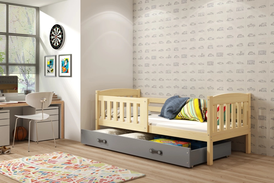 Kinderbett Jakob, 80x160, mit Schublade, Kiefer/grau