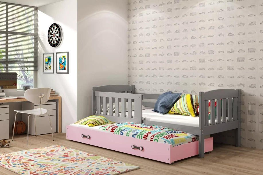 Ausziehbett für Jugendliche Jakob, 80x190, mit Matratze und Schublade, grau/rosa