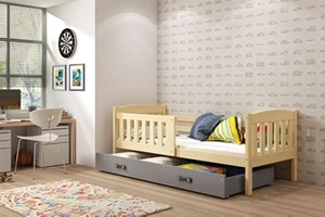 Kinderbett Jakob, 80x160, mit Matratze und Schublade, Kiefer/grau