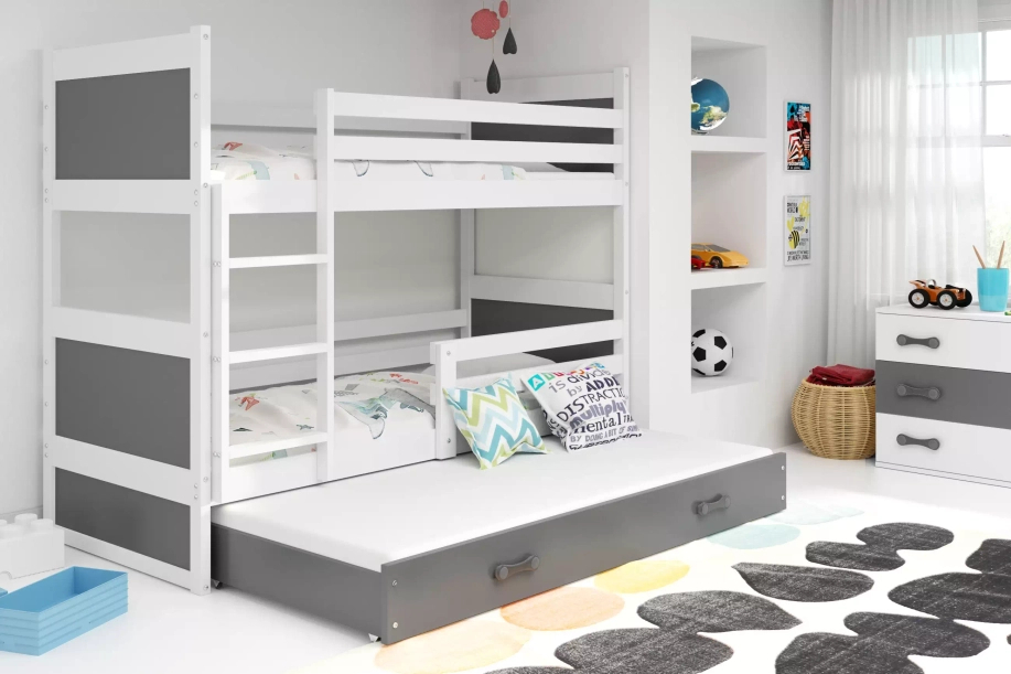 Etagenbett für drei Personen Richard, 90x200, mit Schublade, weiß/grau