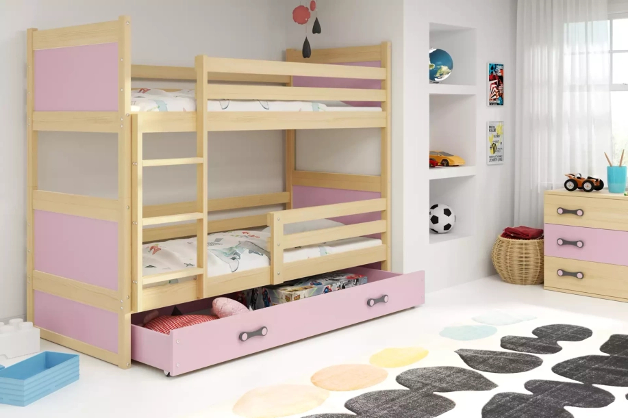 Stockbett für Jugendliche Richard, 90x190, mit Schublade, Kiefer/rosa
