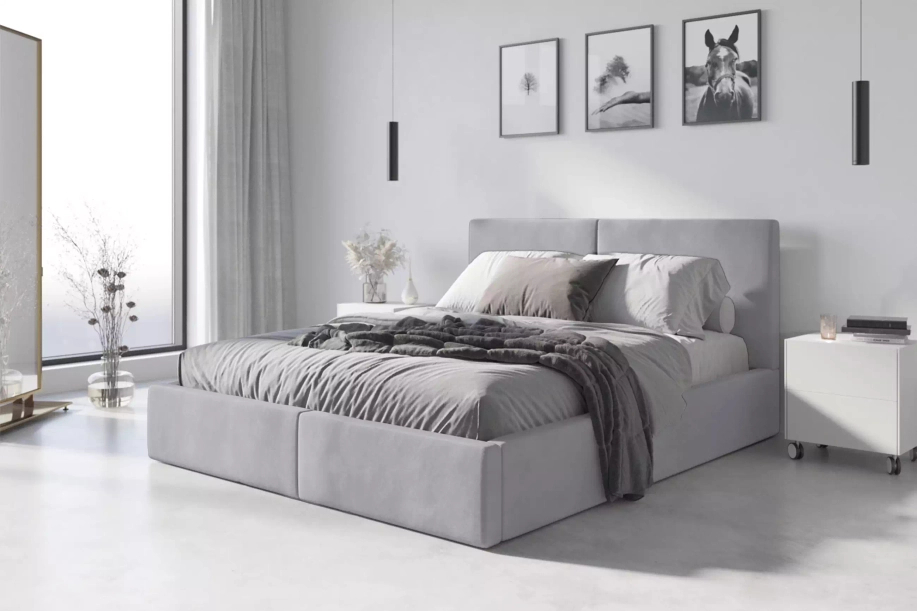 Polsterbett Schlafzimmerbett Doppelbett HILTON 160X200 mit Matratze und Stauraum, hellgrau