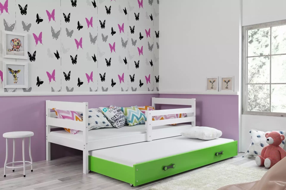 Ausziehbett für Jugendliche Erik, 90x190, mit Schublade, weiß/grün