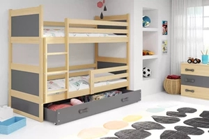 Stockbett für Jugendliche Richard, 90x200, mit Schublade, Kiefer/grau