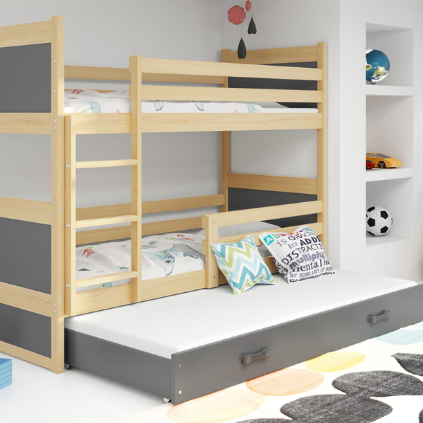 Etagenbett für drei Personen Richard, 90x200, mit Matratze und Schublade, Kiefer/grau