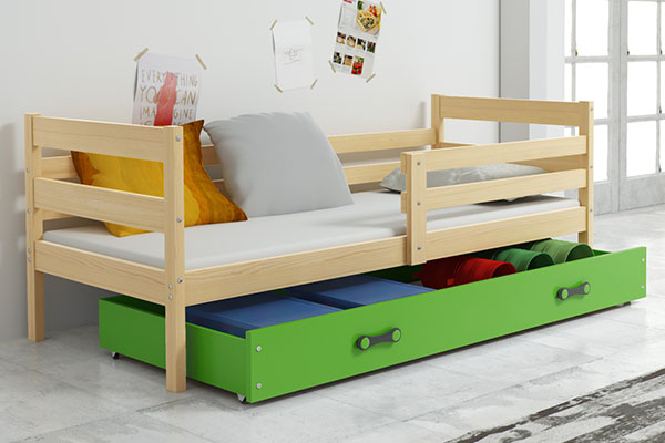 Jugendbett Erik, 80x190, mit Schublade, Kiefer/grün